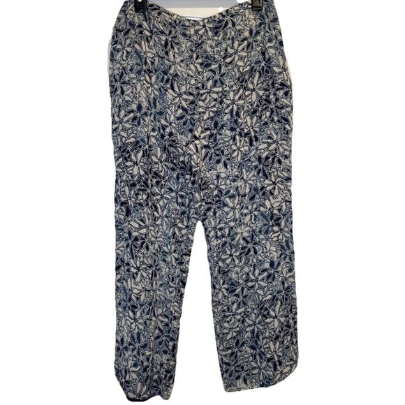 Sigrid Olsen Womens Navy Blue Tan Floral Lined Flowy Rayon Wide Leg Pants Sz L - Picture 1 of 11